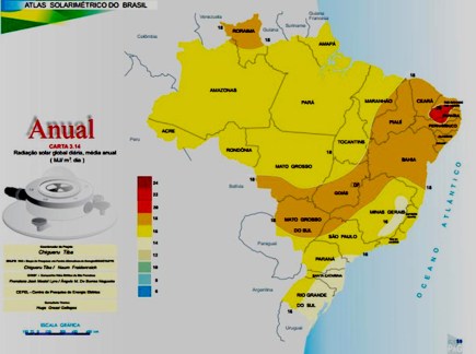 Mapa ilustrativo com a média anual de radiação solar no Brasil. Fonte [clique aqui]