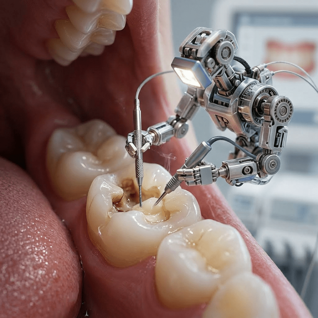 Dentist operating a robotic dental device examining a patient's open mouth
